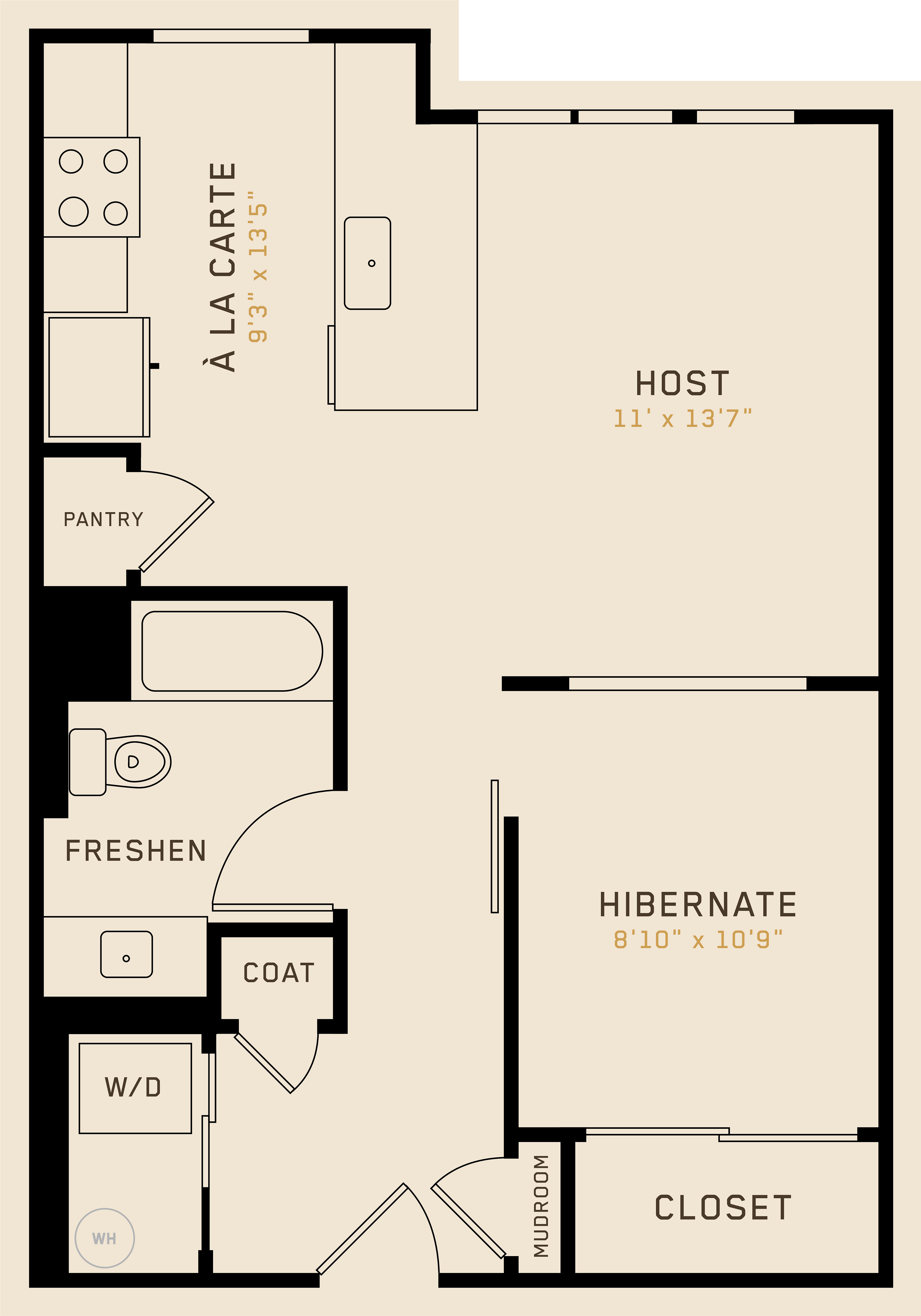 Floor plan for 1 bed, 1 bath, 652 sqft