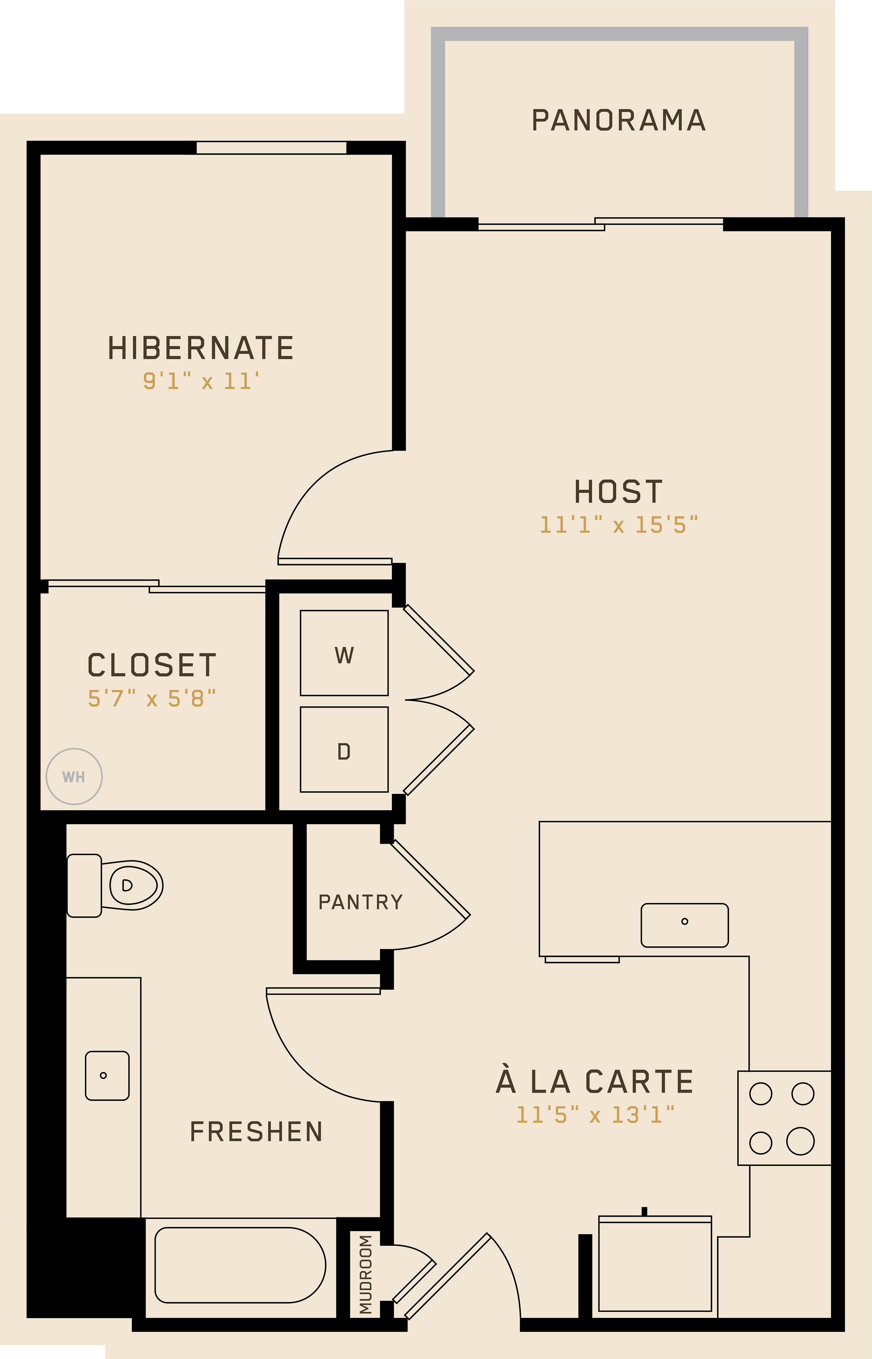 Floor plan for 1 bed, 1 bath, 652 sqft