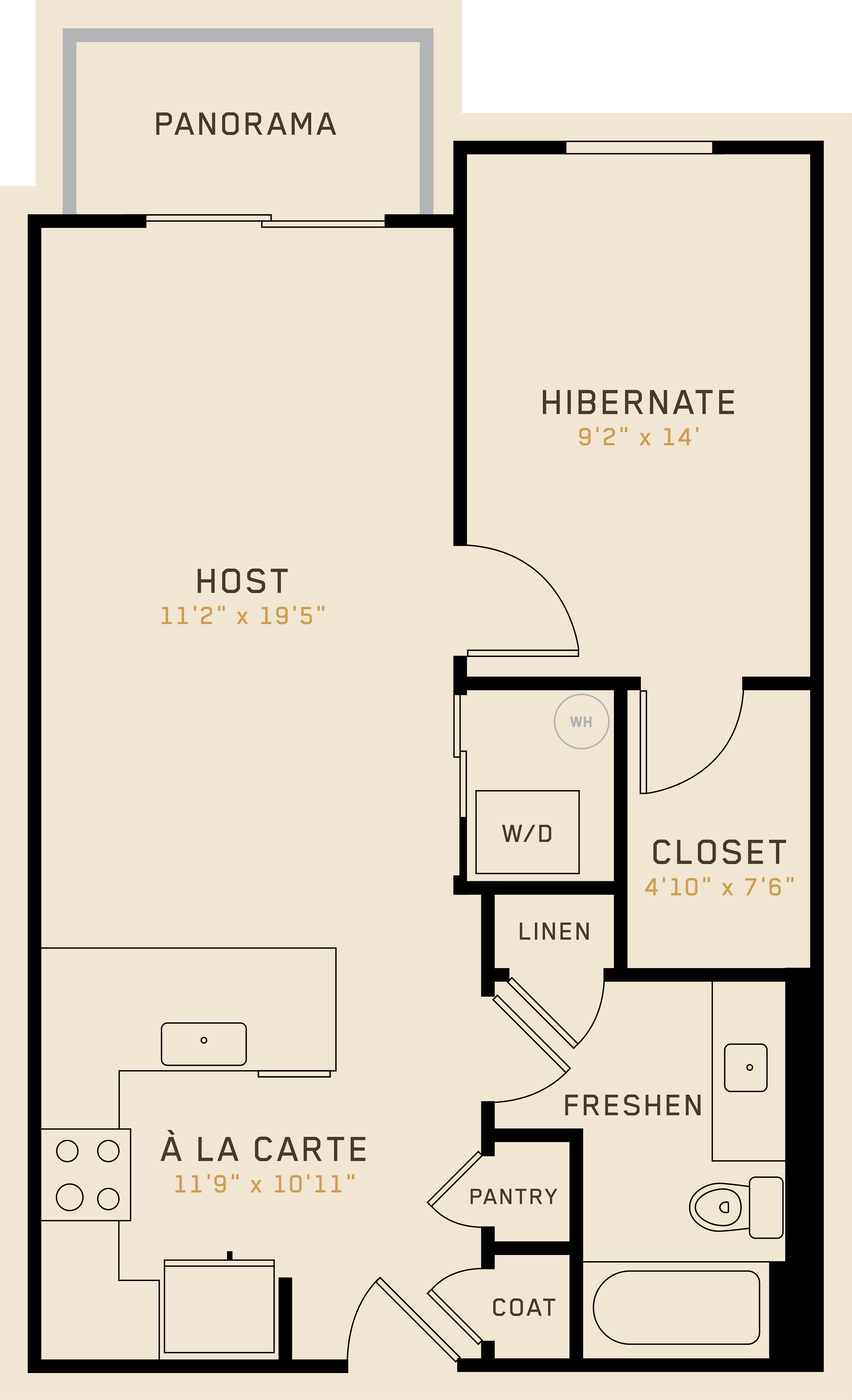 Floor plan for 1 bed, 1 bath, 695 sqft