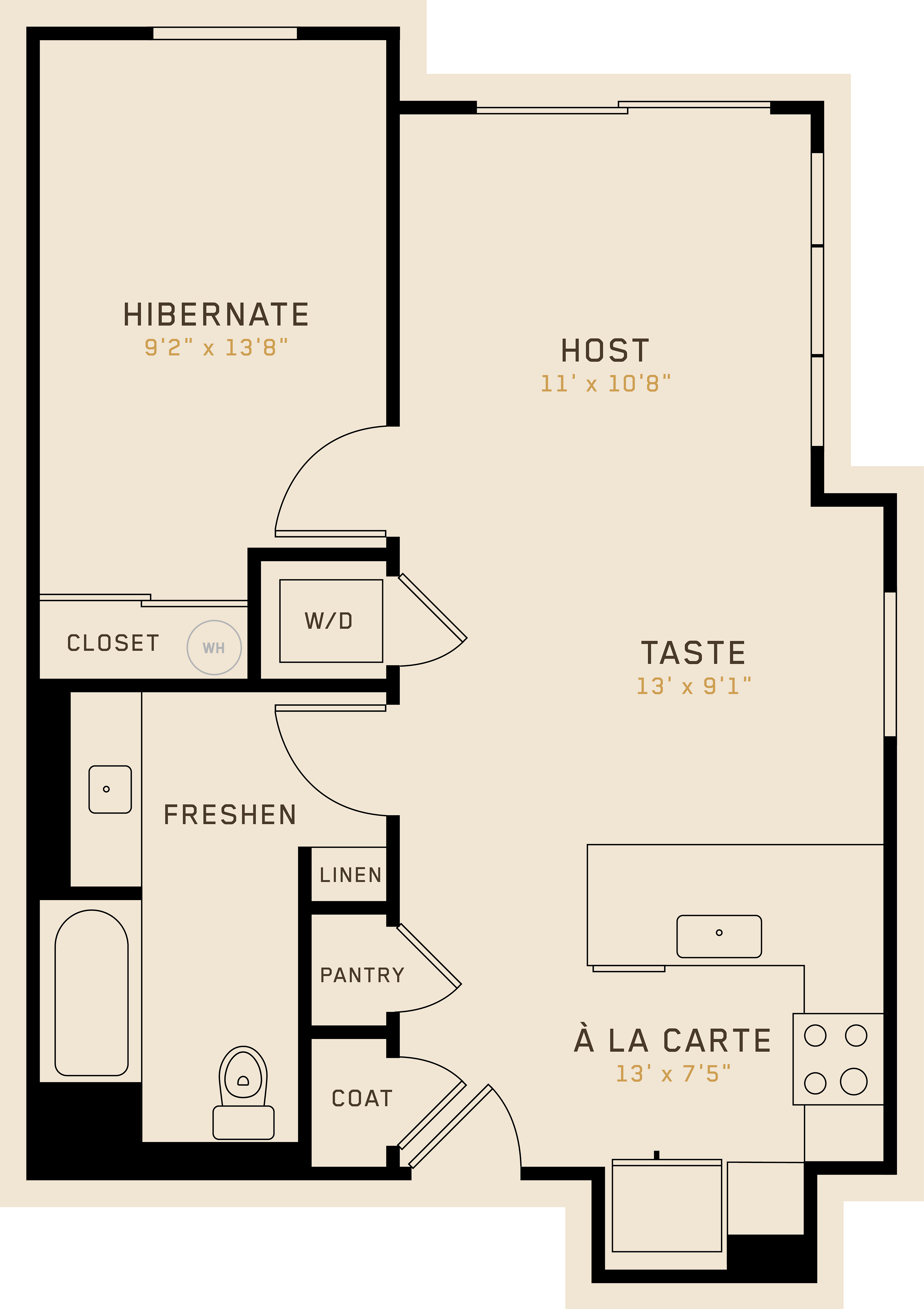 Floor plan for 1 bed, 1 bath, 704 sqft