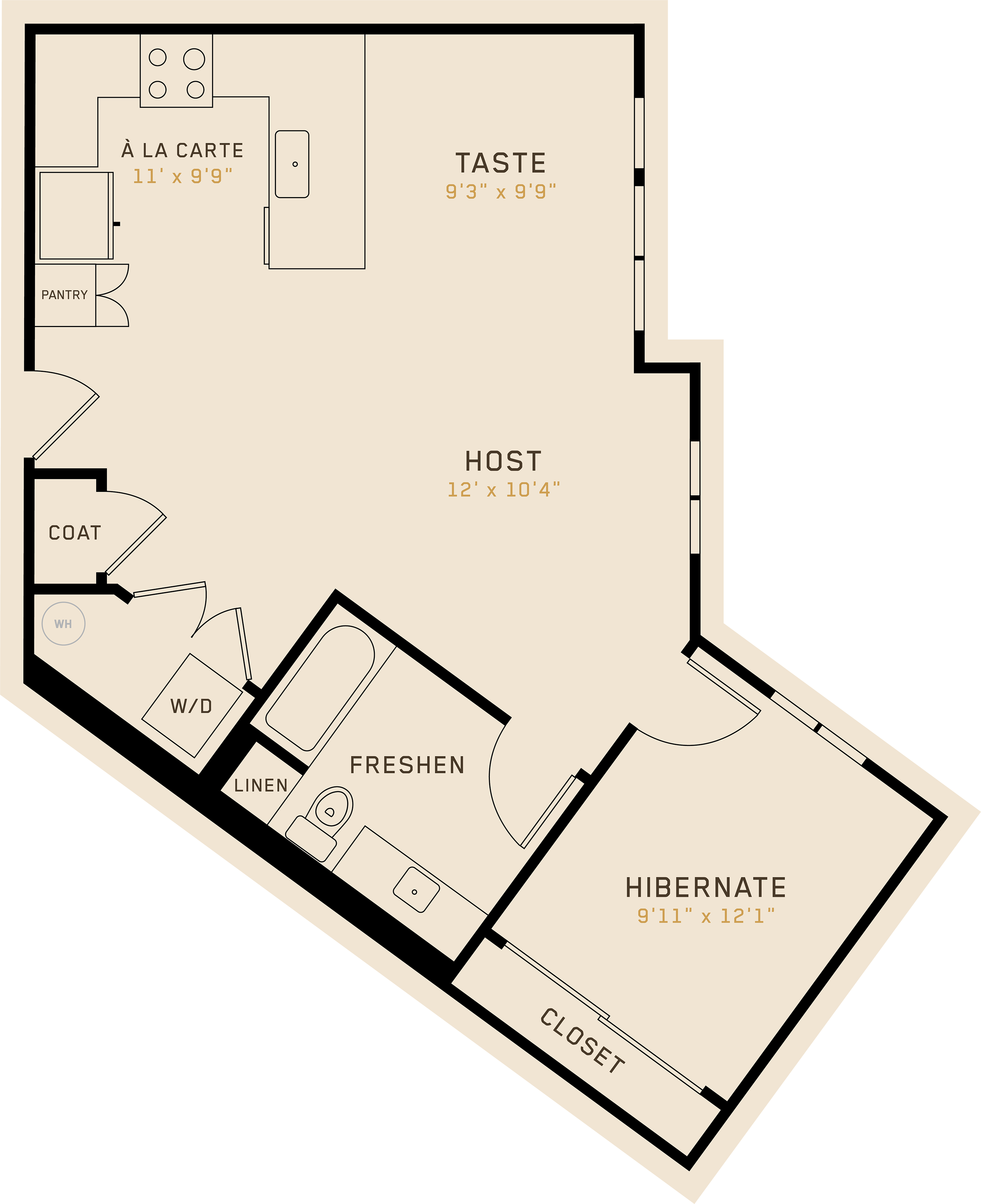 Floor plan for 1 bed, 1 bath, 829 sqft