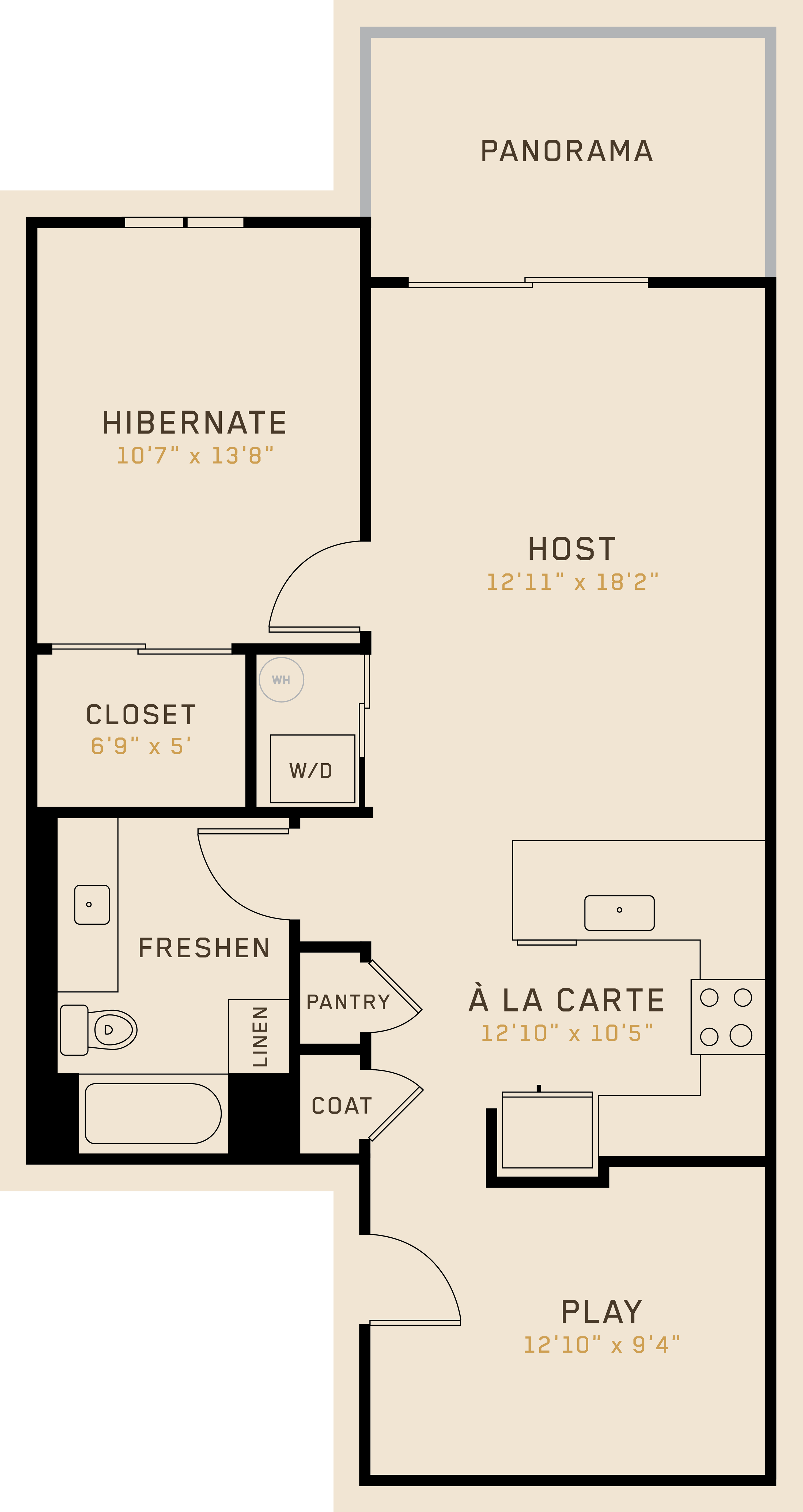Floor plan for 1 bed, 1 bath, 899 sqft