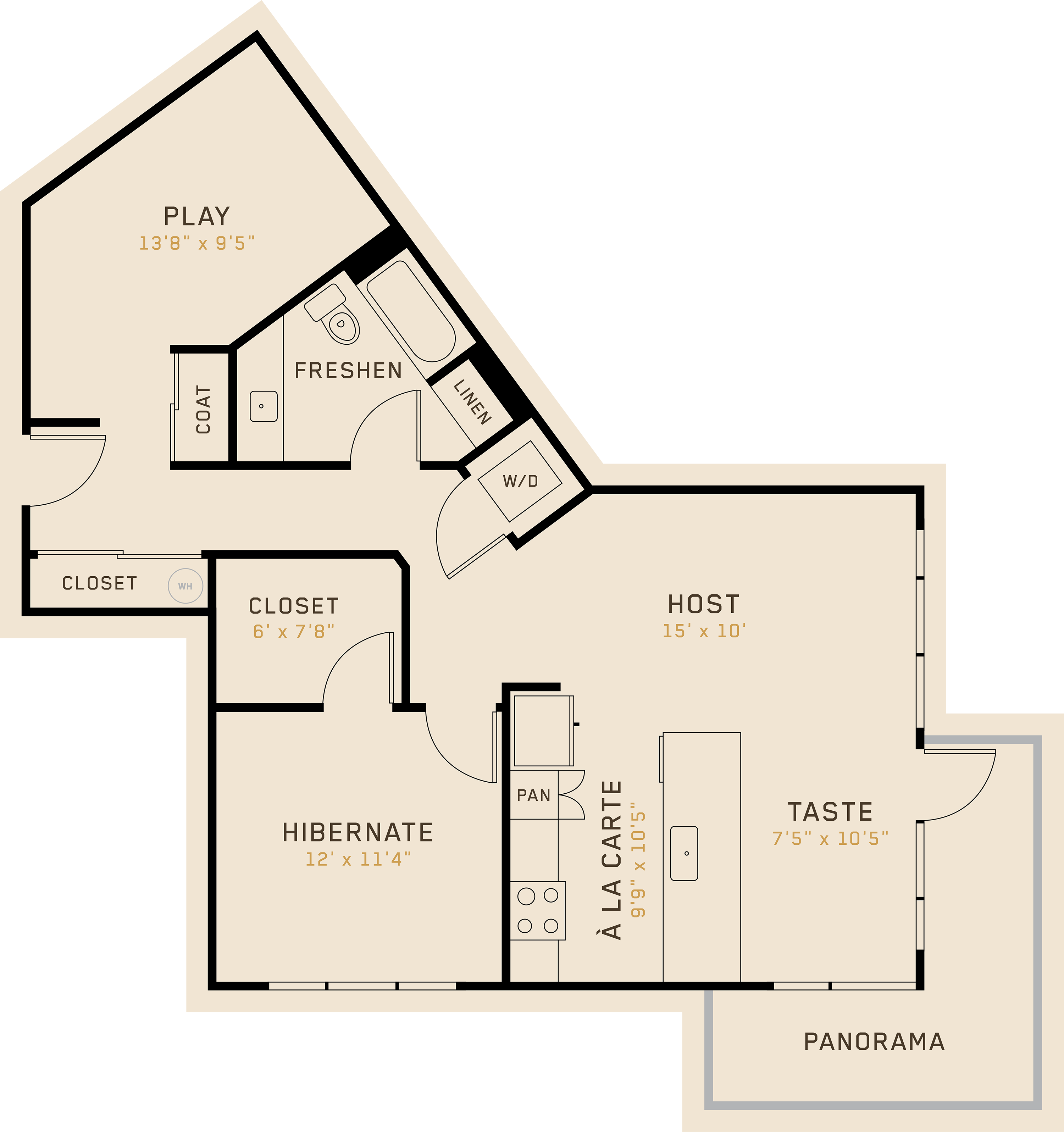 Floor plan for 1 bed, 1 bath, 974 sqft