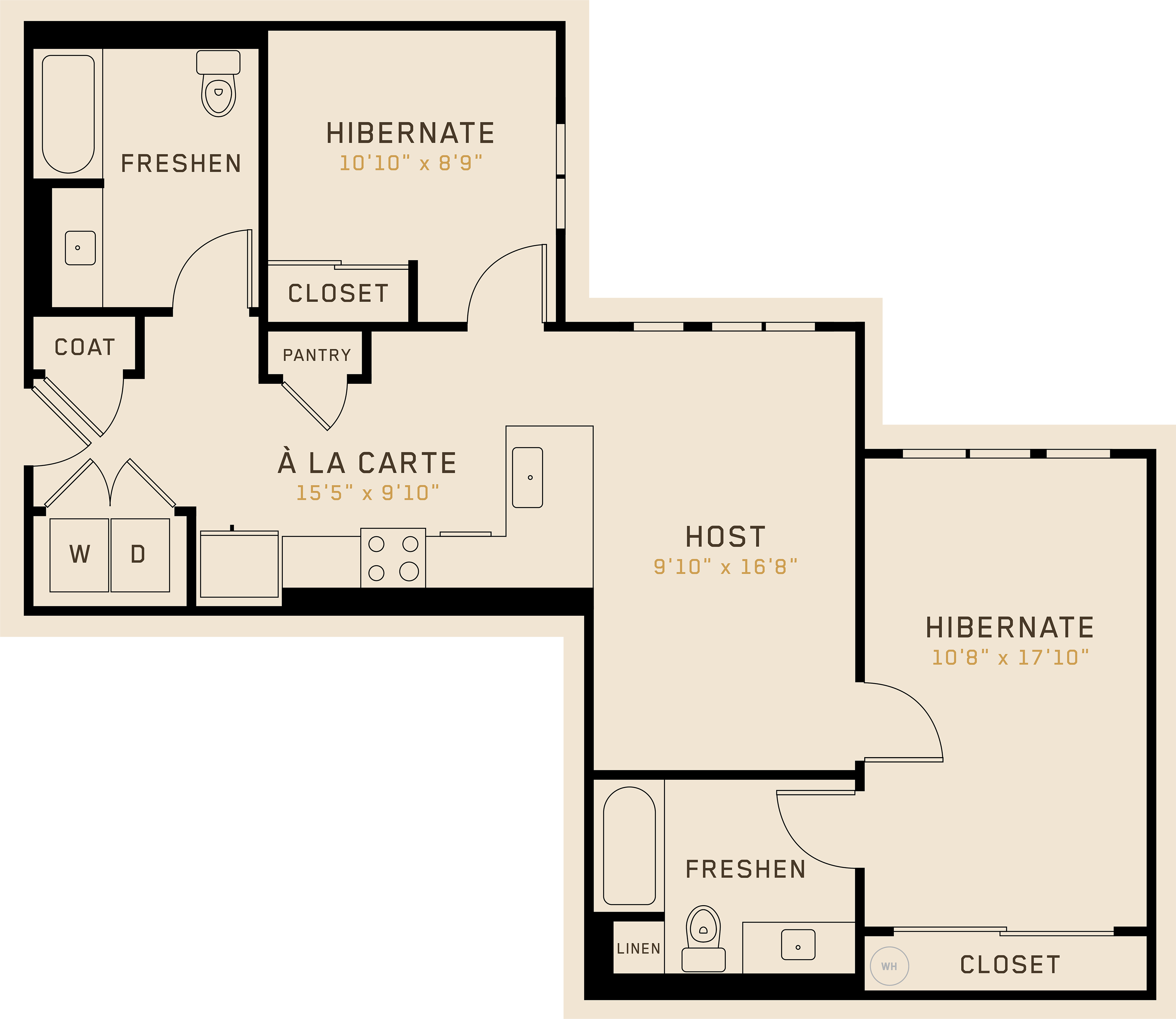 Floor plan for 2 beds, 2 baths, 975 sqft