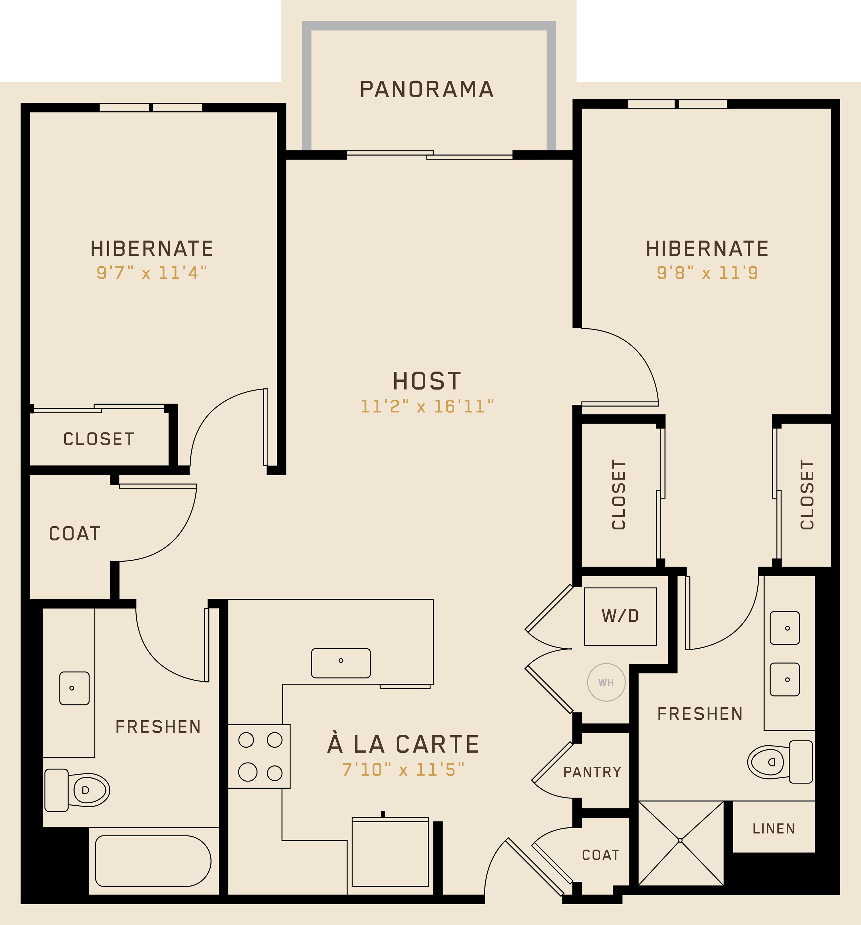 Floor plan for 2 beds, 2 baths, 976 sqft