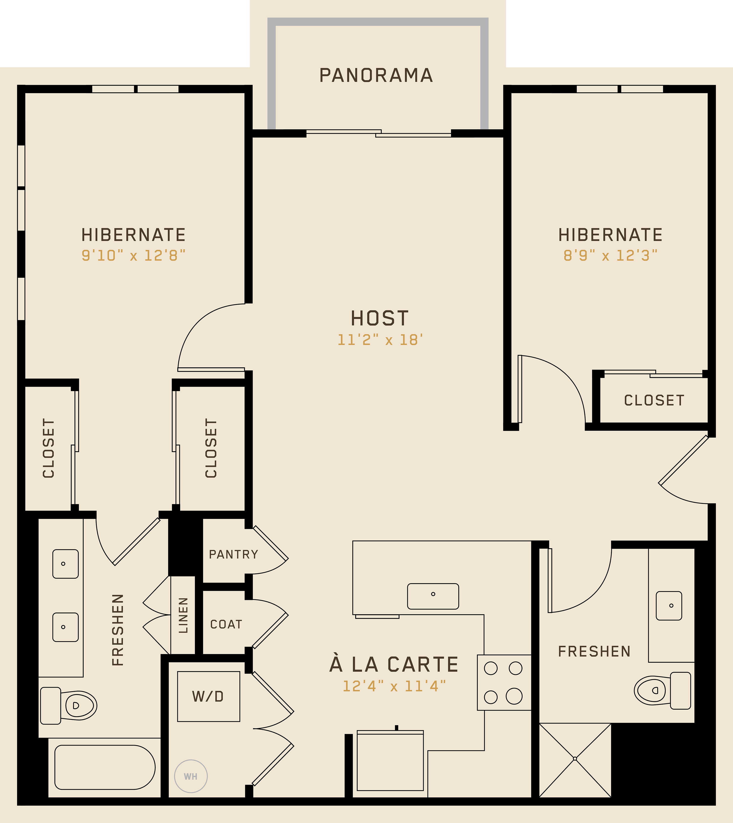 Floor plan for 2 beds, 2 baths, 985 sqft