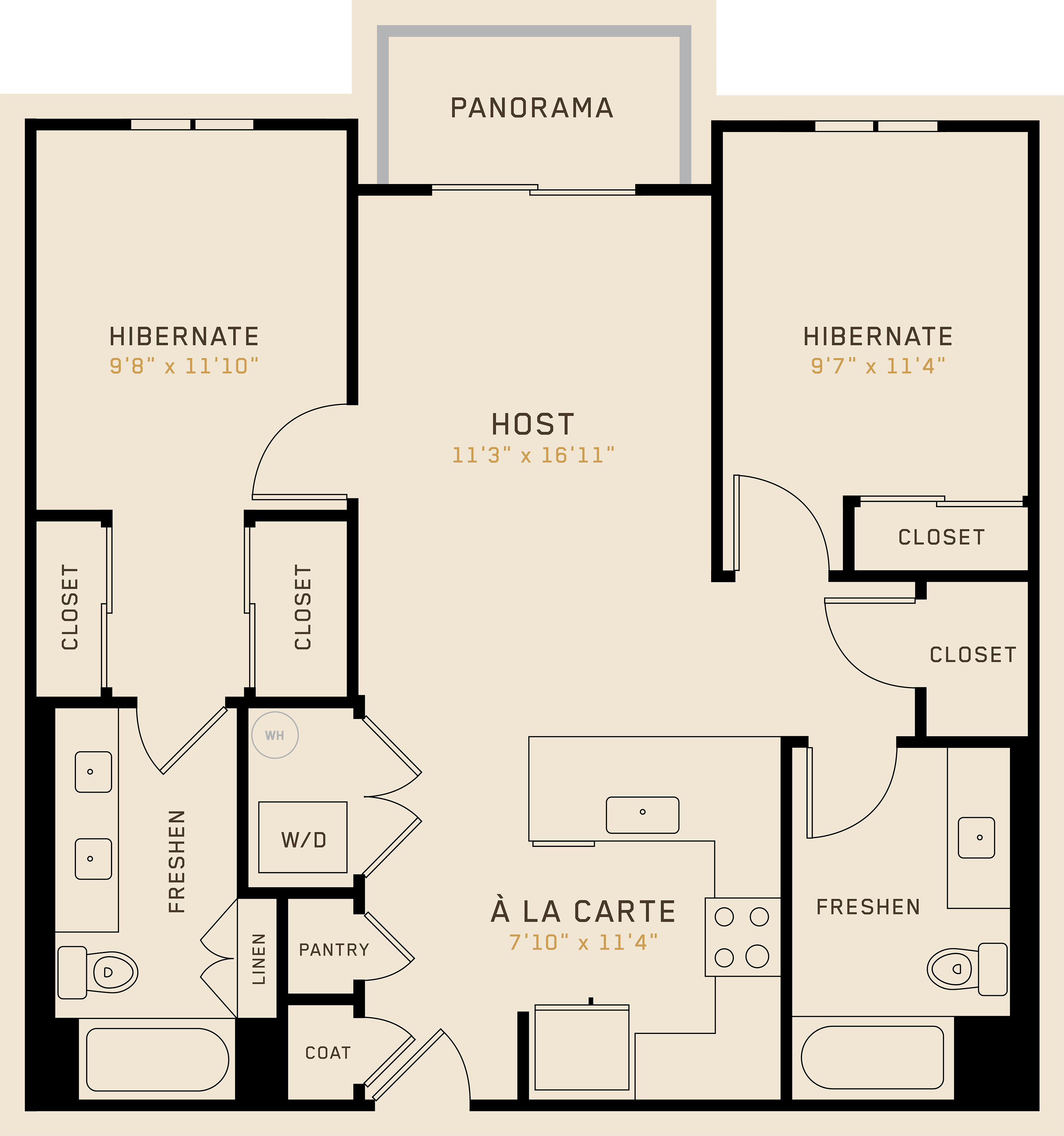 Floor plan for 2 beds, 2 baths, 988 sqft