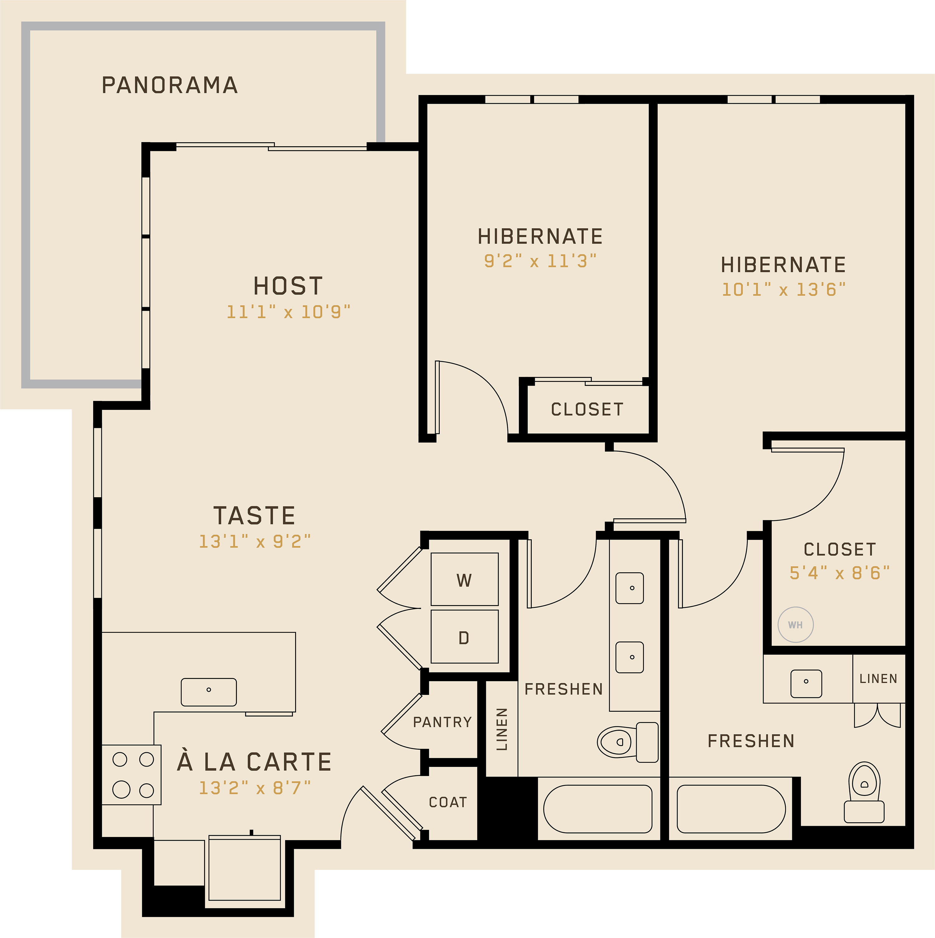 Floor plan for 2 beds, 2 baths, 1036 sqft