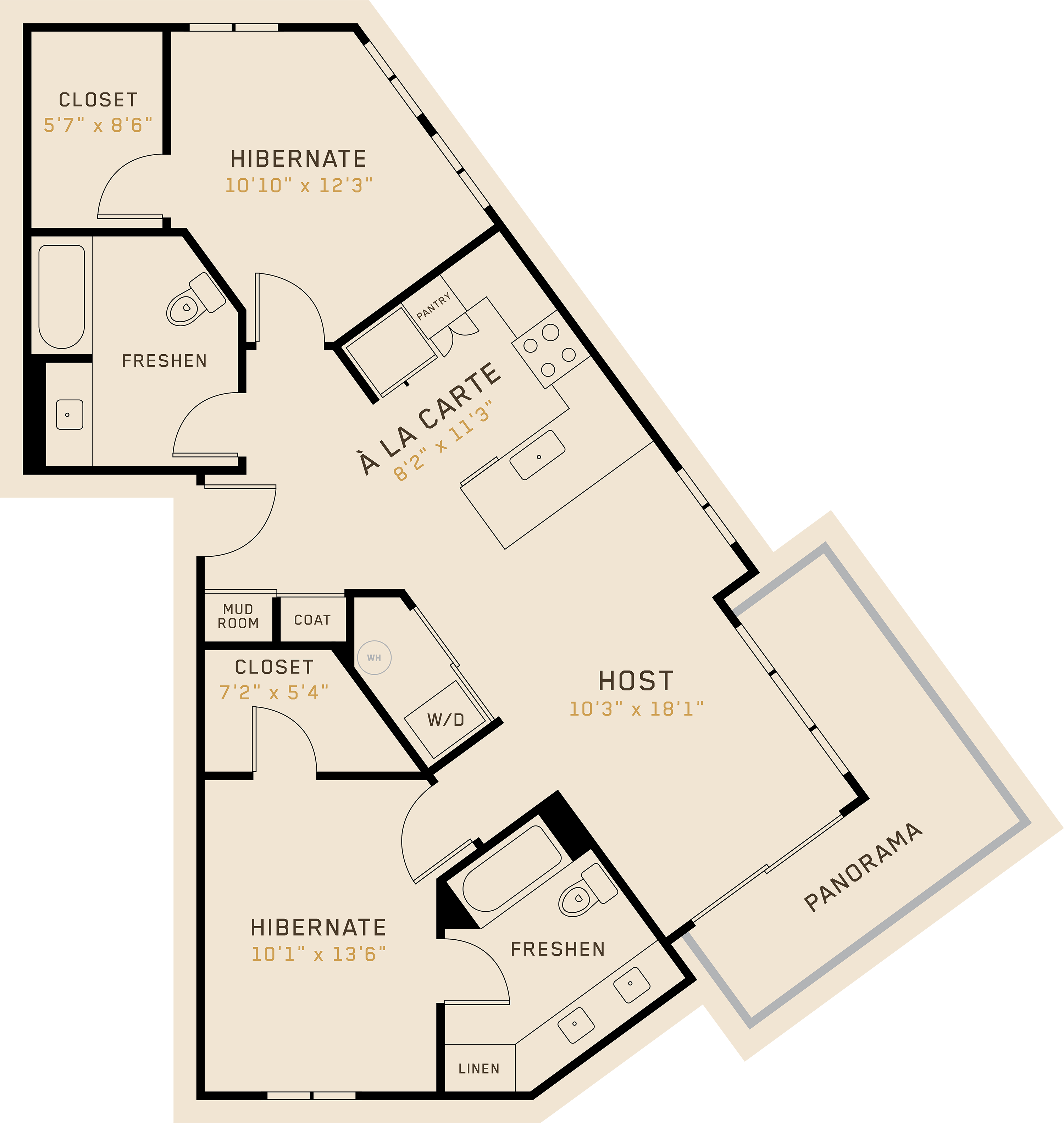 Floor plan for 2 beds, 2 baths, 1071 sqft