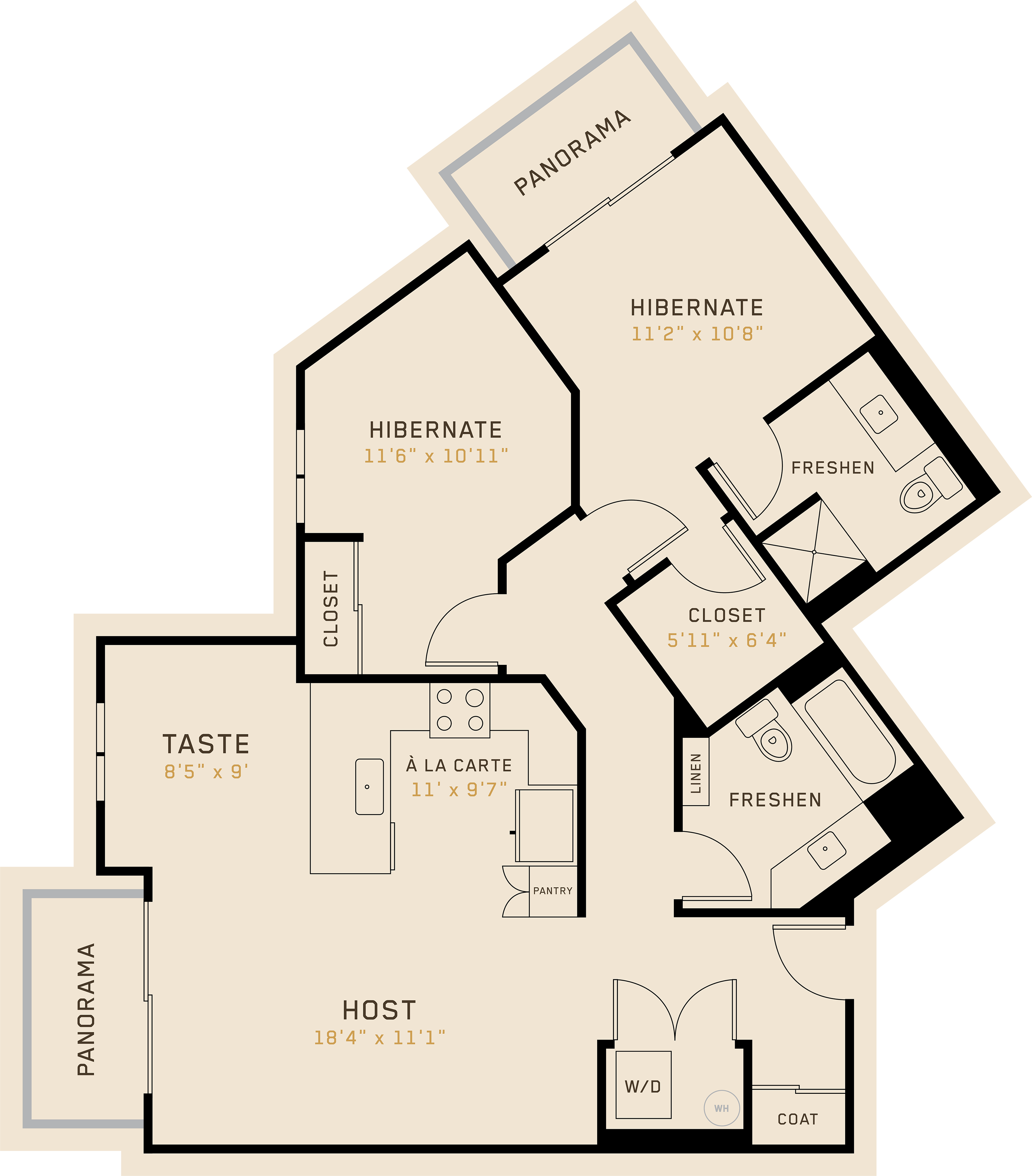 Floor plan for 2 beds, 2 baths, 1082 sqft