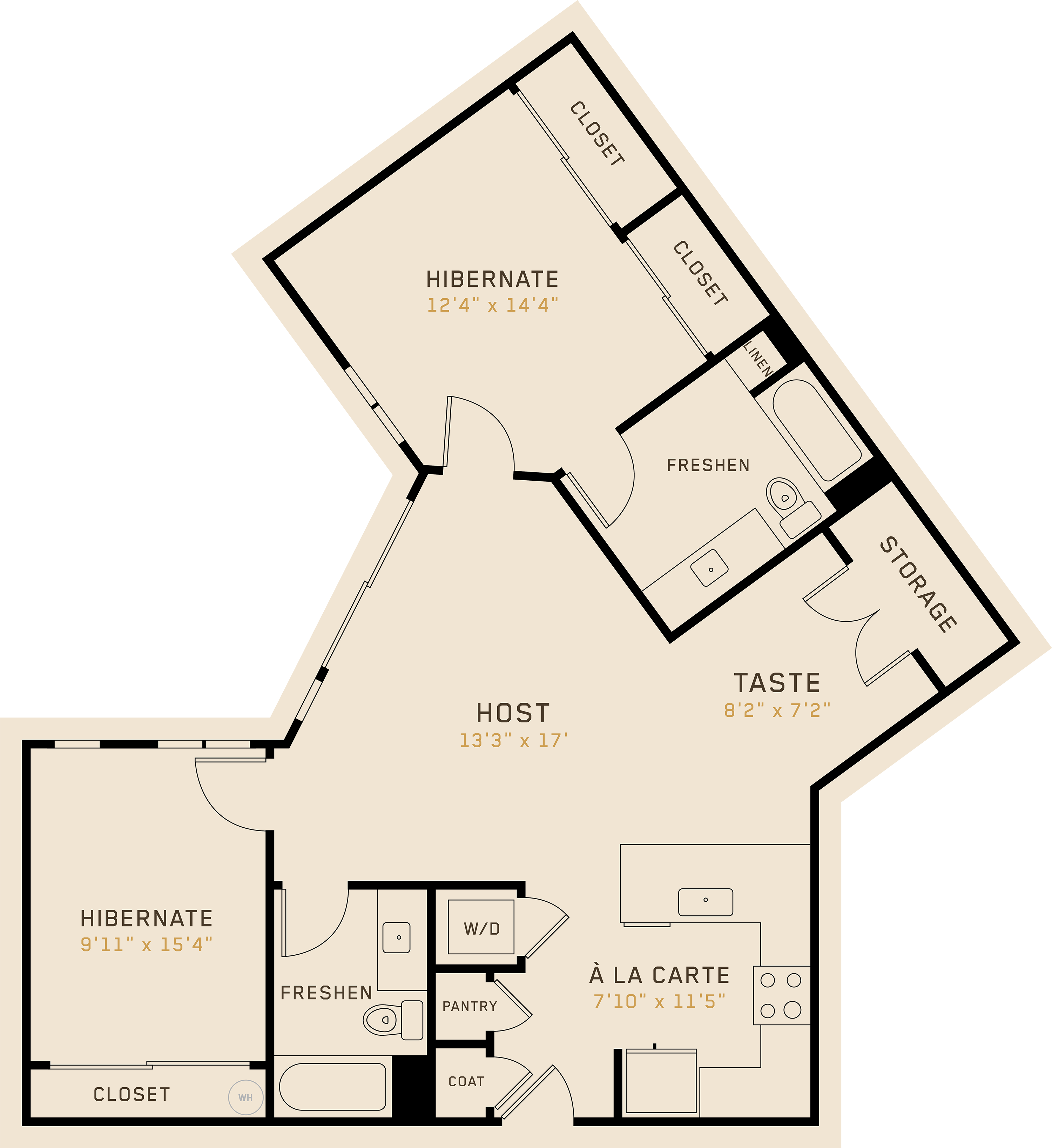 Floor plan for 2 beds, 2 baths, 1267 sqft