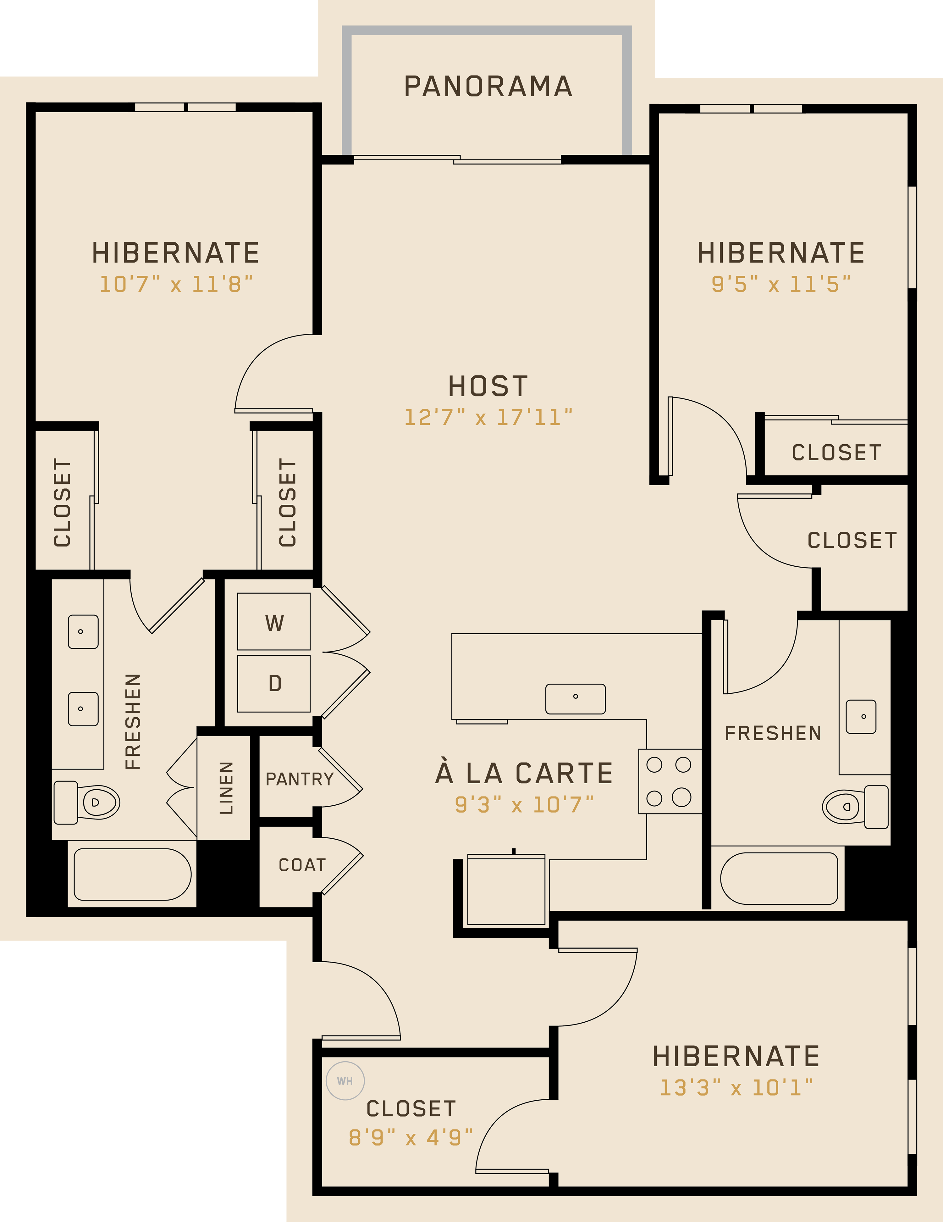 Floor plan for 3 beds, 2 baths, 1299 sqft