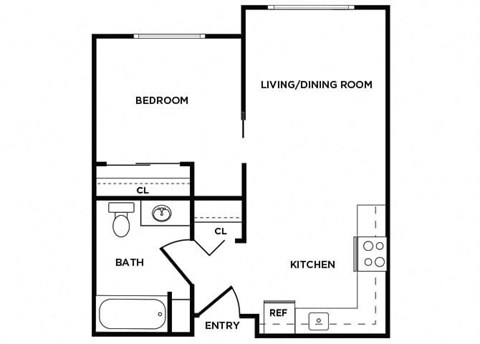 Floor plan for 1 bed, 1 bath, 455 sqft