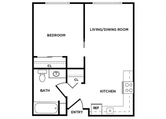 Floor plan for 1 bed, 1 bath, 473 sqft