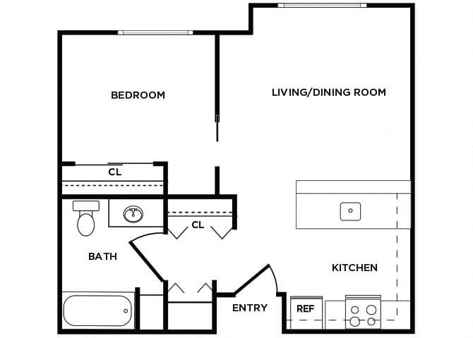 Floor plan for 1 bed, 1 bath, 537 sqft
