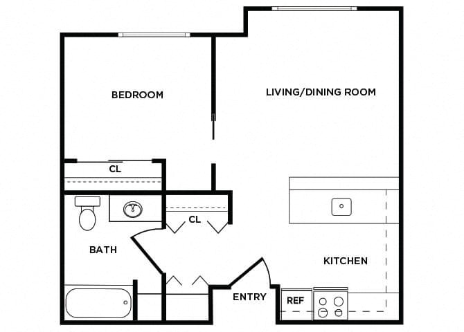 Floor plan for 1 bed, 1 bath, 558 sqft