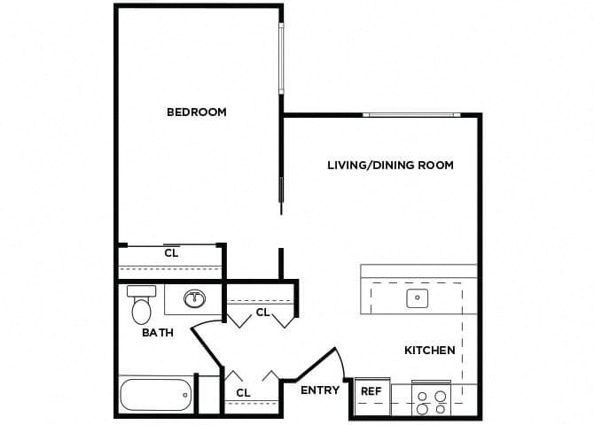 Floor plan for 1 bed, 1 bath, 601 sqft