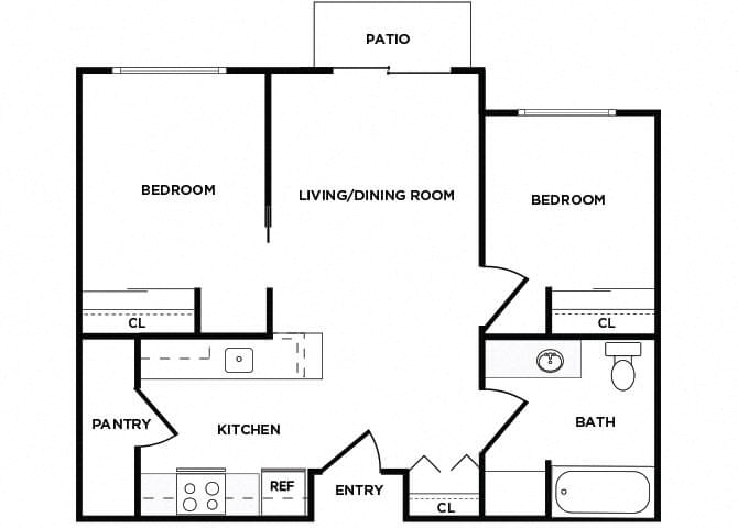 Floor plan for 2 beds, 1 bath, 660 sqft