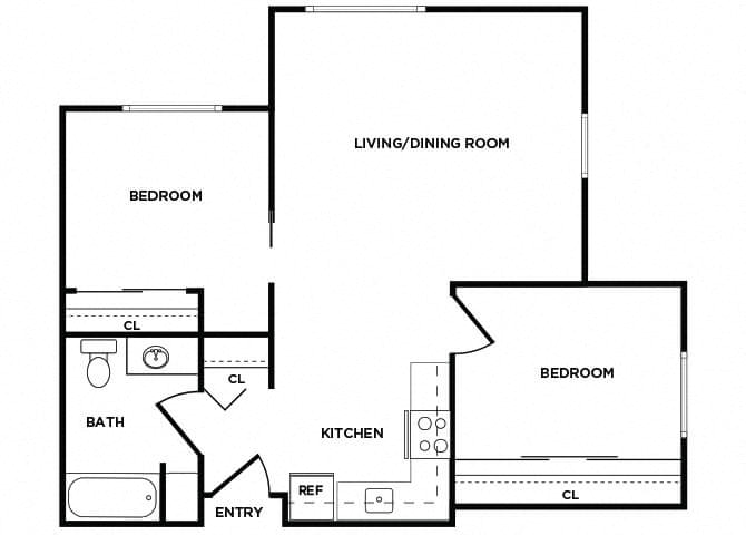 Floor plan for 2 beds, 1 bath, 699 sqft