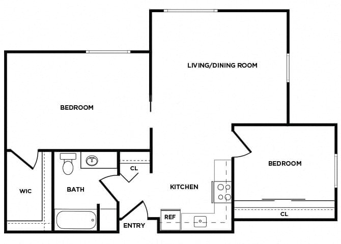 Floor plan for 2 beds, 1 bath, 704 sqft