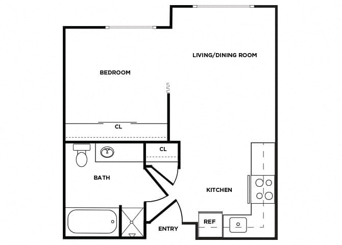 Floor plan for 1 bed, 1 bath, 431 sqft