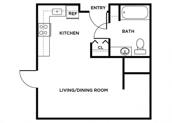 Floor plan for 1 bed, 1 bath, 478 sqft