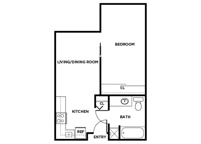 Floor plan for 1 bed, 1 bath, 499 sqft
