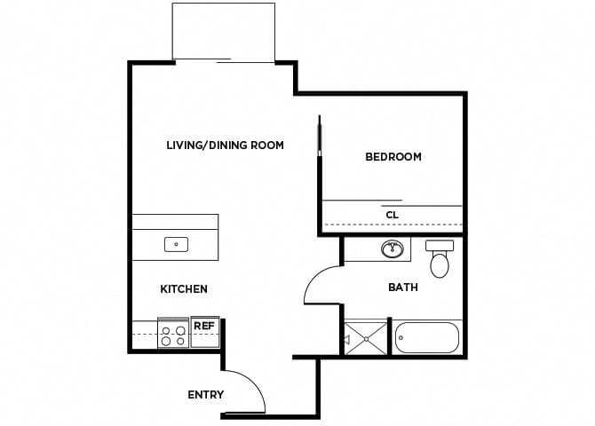 Floor plan for 1 bed, 1 bath, 560 sqft