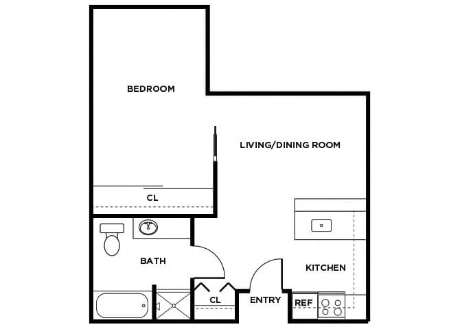 Floor plan for 1 bed, 1 bath, 576 sqft