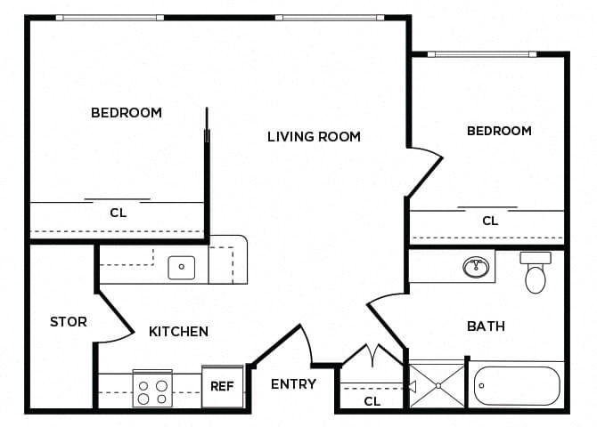 Floor plan for 2 beds, 1 bath, 649 sqft
