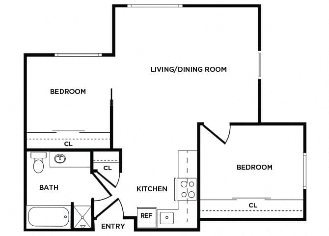 Floor plan for 2 beds, 1 bath, 678 sqft