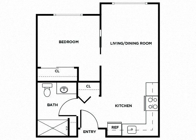 Floor plan for 1 bed, 1 bath, 454 sqft