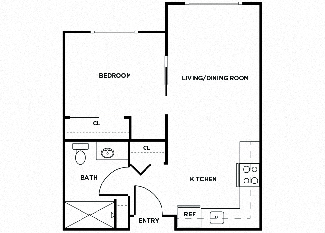 Floor plan for 1 bed, 1 bath, 463 sqft