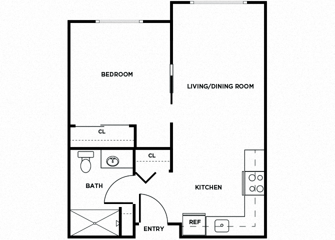 Floor plan for 1 bed, 1 bath, 498 sqft