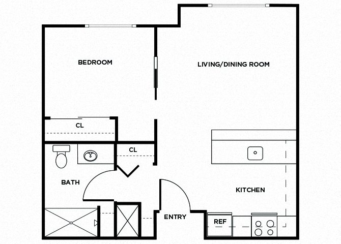 Floor plan for 1 bed, 1 bath, 535 sqft