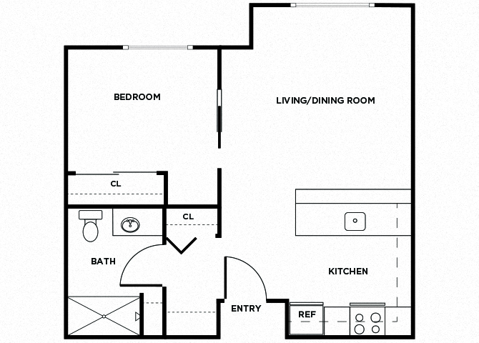 Floor plan for 1 bed, 1 bath, 547 sqft