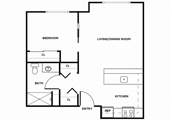 Floor plan for 1 bed, 1 bath, 587 sqft