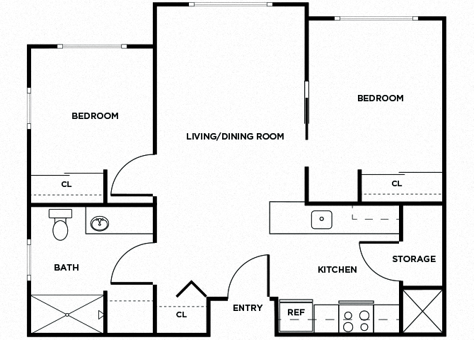 Floor plan for 2 beds, 1 bath, 670 sqft