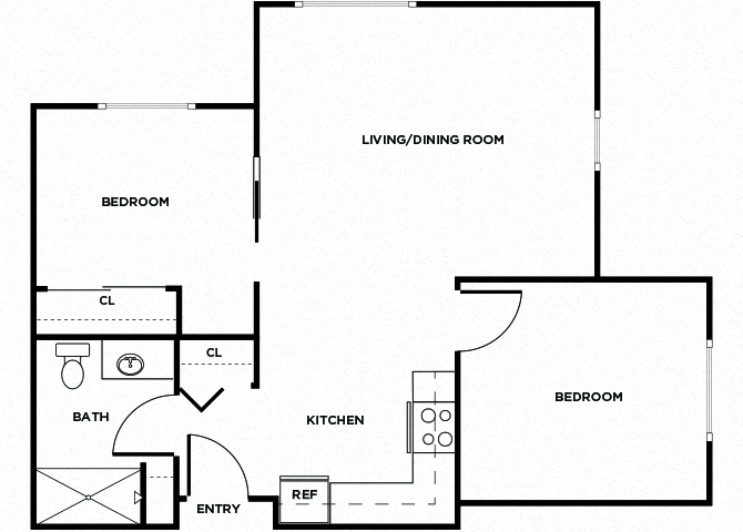 Floor plan for 2 beds, 1 bath, 724 sqft