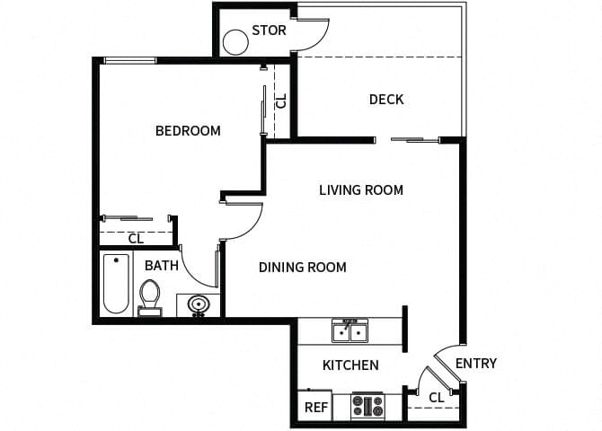 Floor plan for 1 bed, 1 bath, 592 sqft