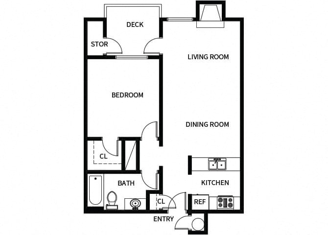 Floor plan for 1 bed, 1 bath, 678 sqft
