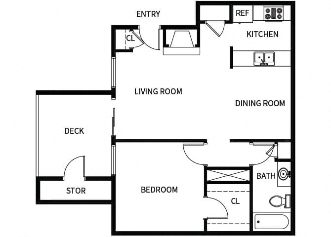 Floor plan for 1 bed, 1 bath, 687 sqft