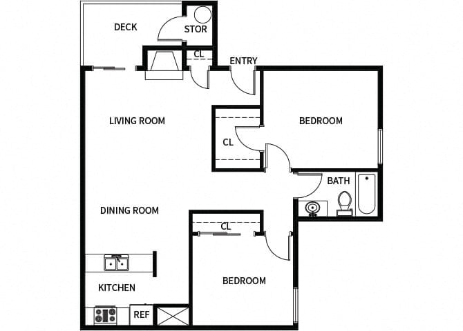 Floor plan for 2 beds, 1 bath, 897 sqft