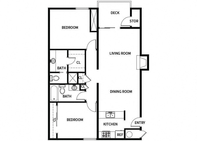 Floor plan for 2 beds, 2 baths, 1030 sqft