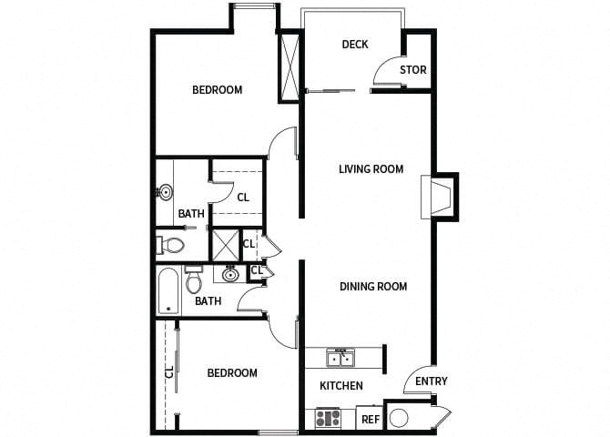 Floor plan for 2 beds, 2 baths, 1050 sqft