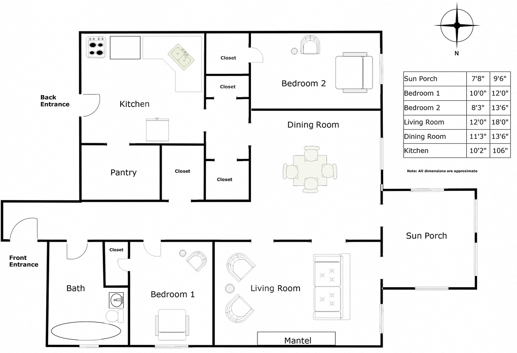 Floor plan for 2 beds, 1 bath
