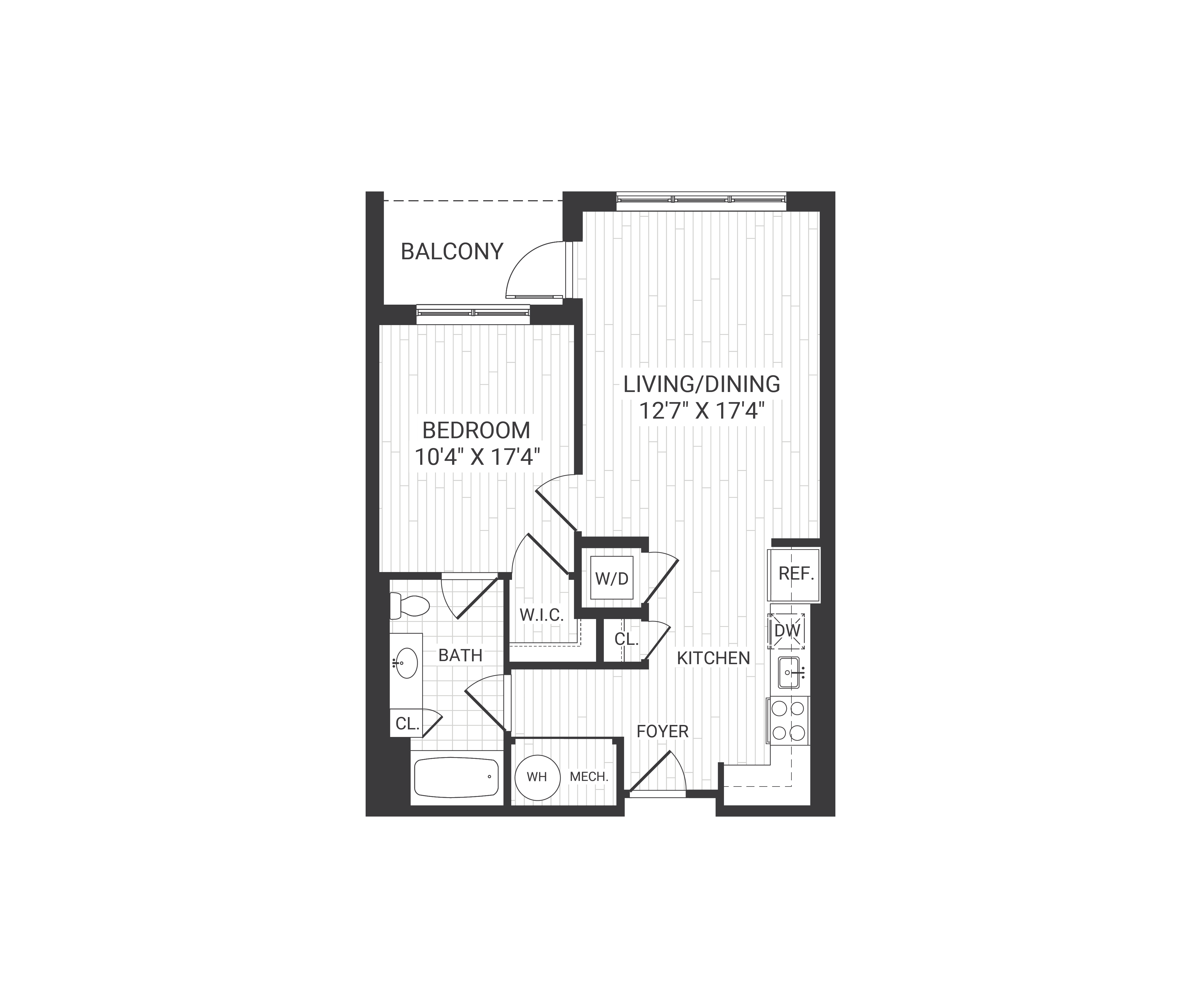 Floor plan for 1 bed, 1 bath, 665 sqft