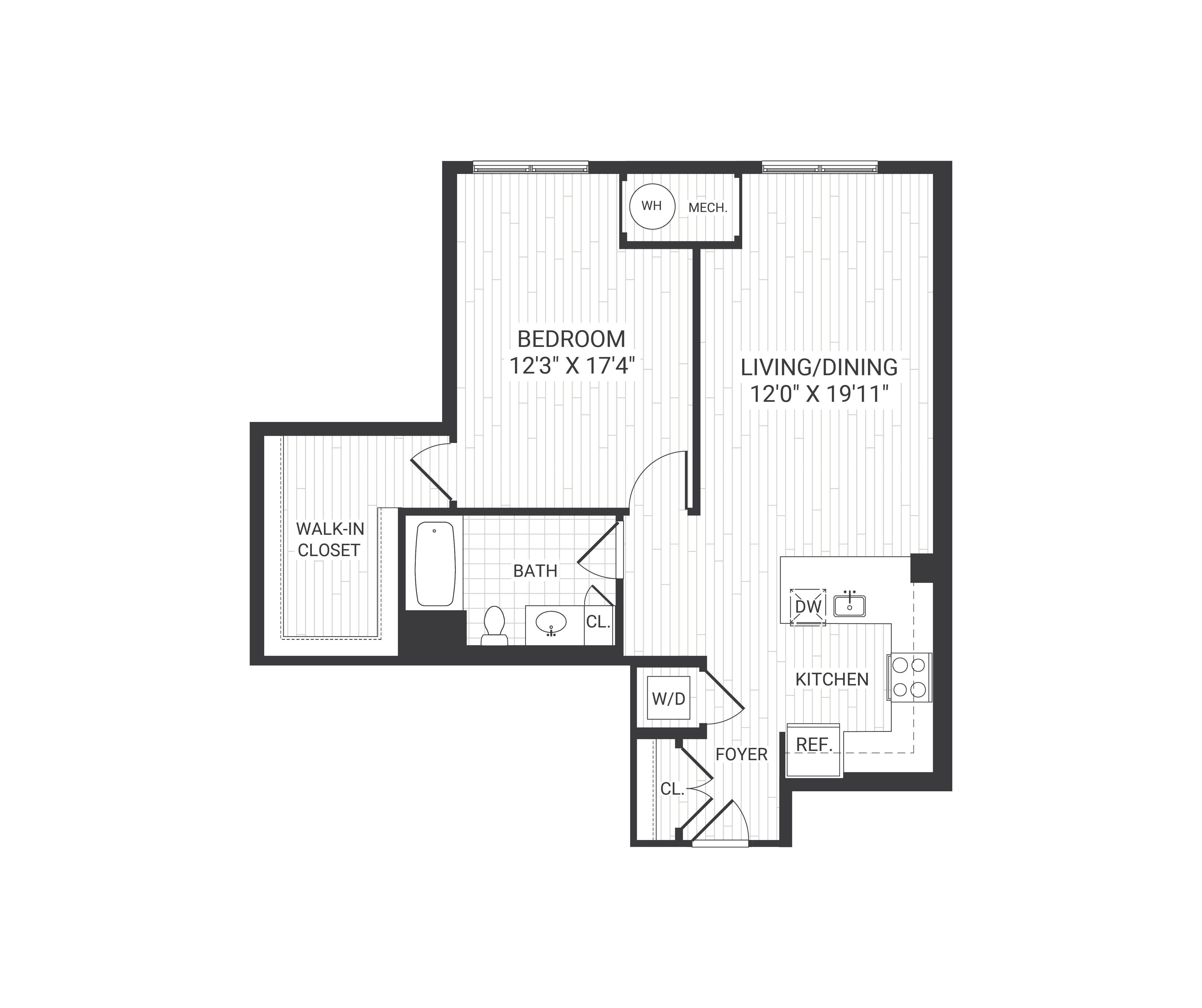 Floor plan for 1 bed, 1 bath, 857 sqft