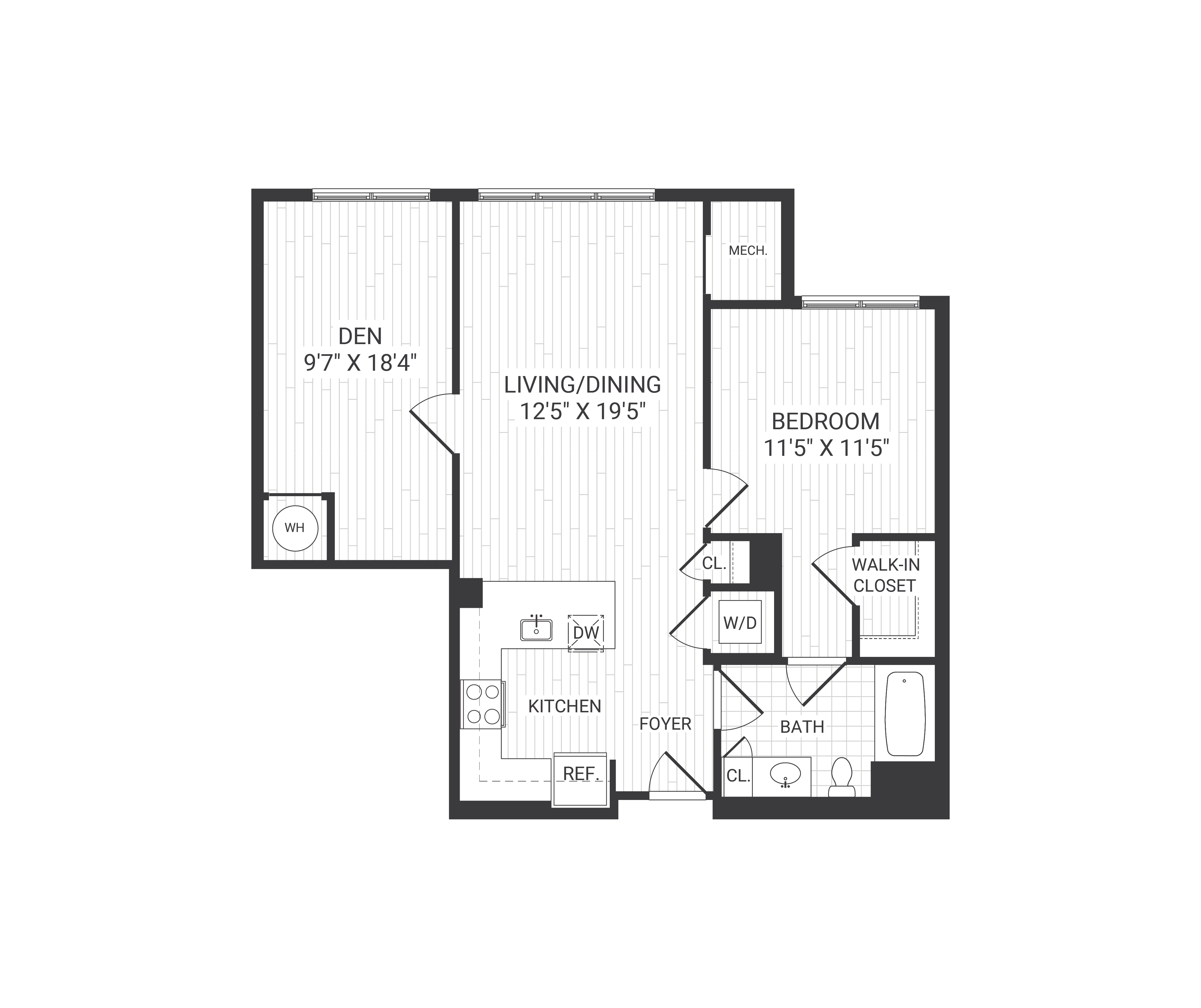 Floor plan for 1 bed, 1 bath, 886 sqft
