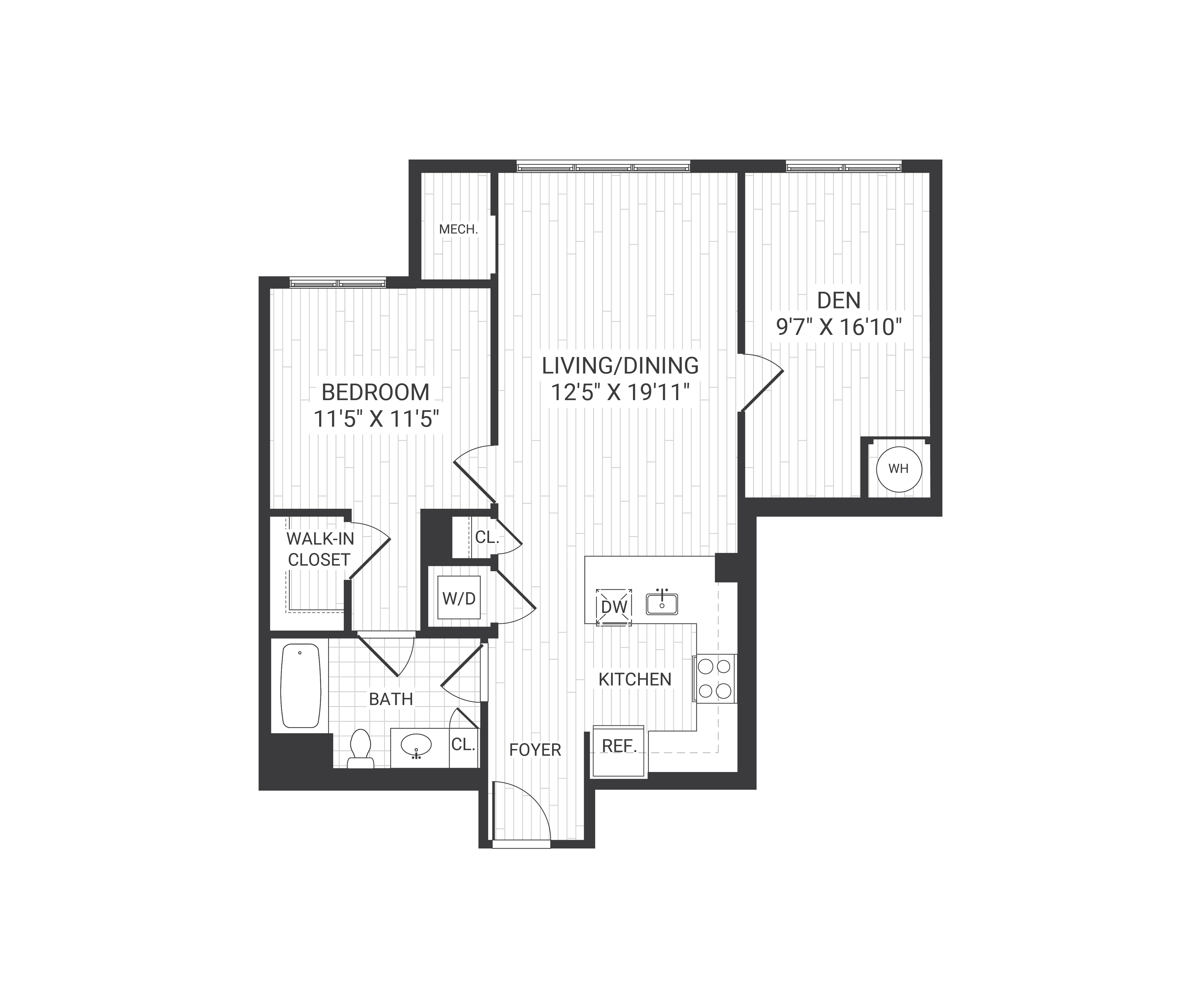 Floor plan for 1 bed, 1 bath, 900 sqft